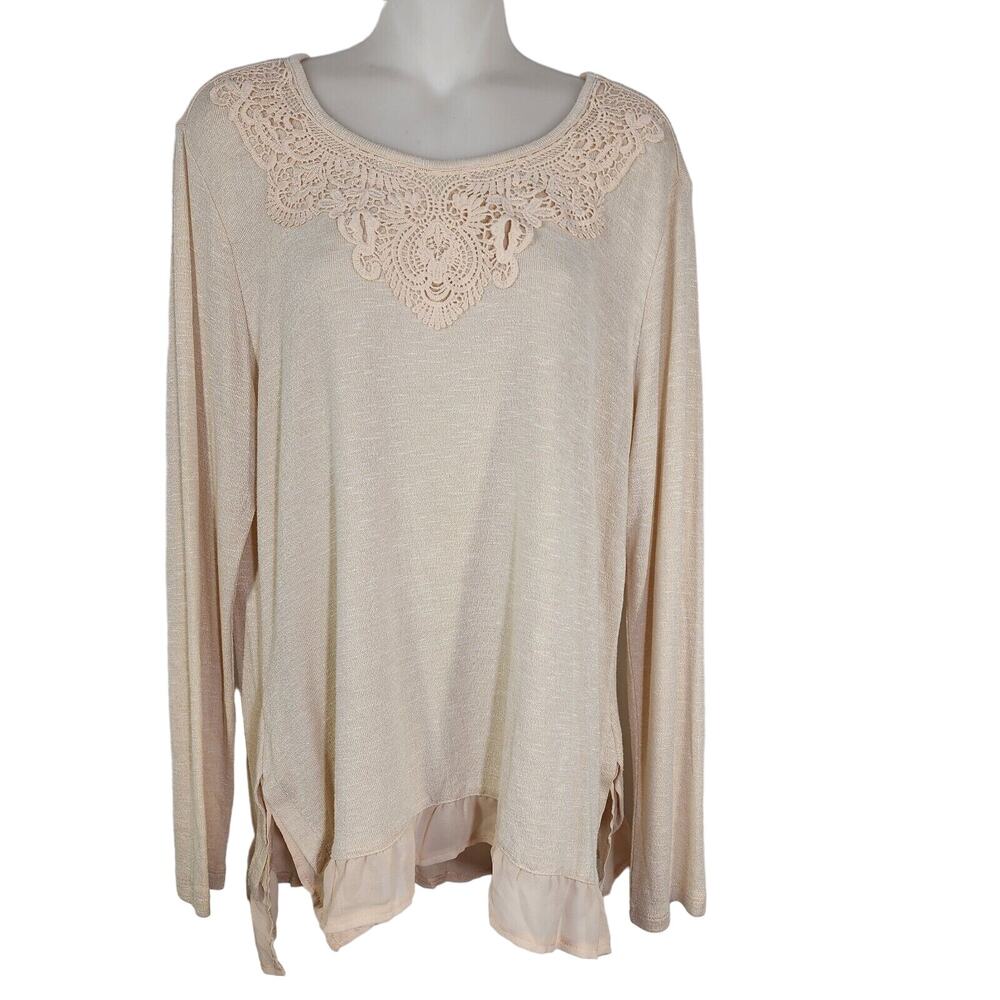 Karen Brooks Tunic Top Women Large Crochet Round Neck Long Sleeve Chiffon Hem